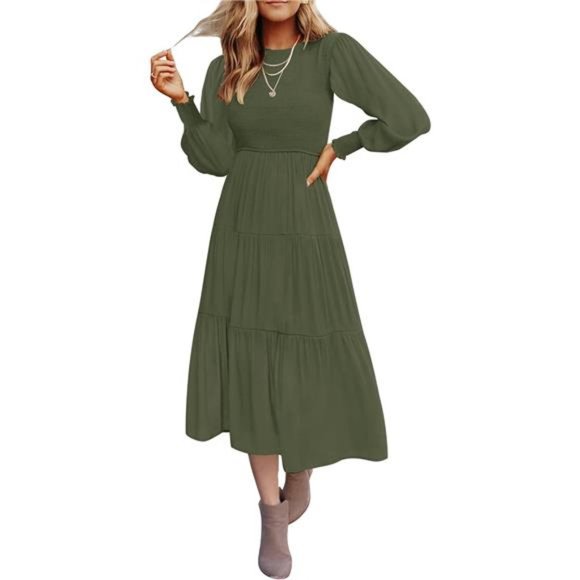 Casual Long Sleeve Crew Neck High Waist Smocked Flowy Tiered Midi Dress - Picture 8 of 14